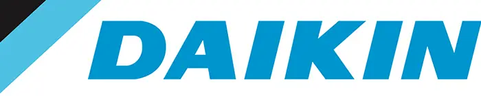 Daikin-logo med merkenavnet "DAIKIN" i dristige blå bokstaver, med en svart og blå geometrisk form i øvre venstre hjørne, som gjenspeiler Tufte Managements vekt på ren, effektiv design.